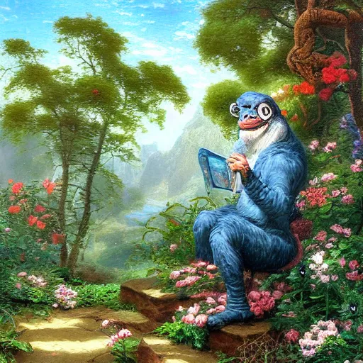 Image similar to pepe learning from apes, thomas kindkade, fantasy, intricate