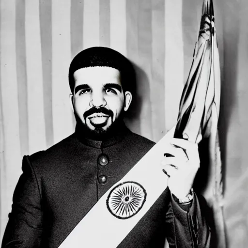 Prompt: drake holding indian national flag in right hand, photograph