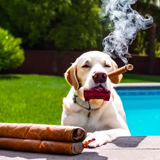 Image similar to a very detailed photo of a dog smoking a cigar outside the mansion by the pool