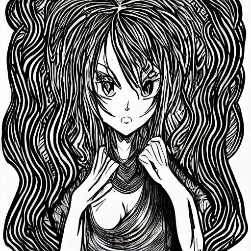 Prompt: intricate lineart drawing of a girl in black dresss standing in the abyss, black ink, manga style, with evil eyes and long scary hands in the background, featured on pixiv, sharp lines, high resolution