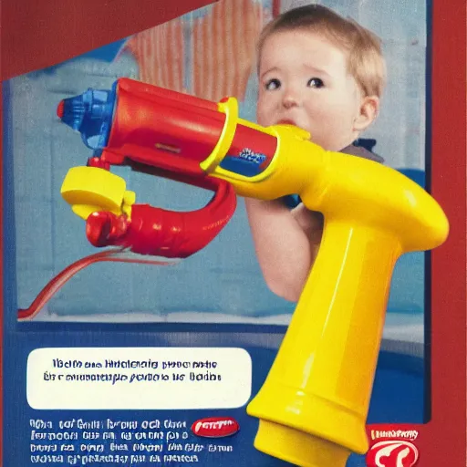 Prompt: fisher price flamethrower, now in stores, promotional ad