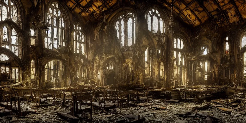 Image similar to fallout 5, indoors dilapidated partially ruined church interior, rusted machinery, atmospheric lighting, painted, intricate, volumetric lighting, beautiful, daytime, sunny weather, slight overcast, golden hour, sharp focus, deep colours, ultra detailed, by leesha hannigan, ross tran, thierry doizon, kai carpenter, ignacio fernandez rios