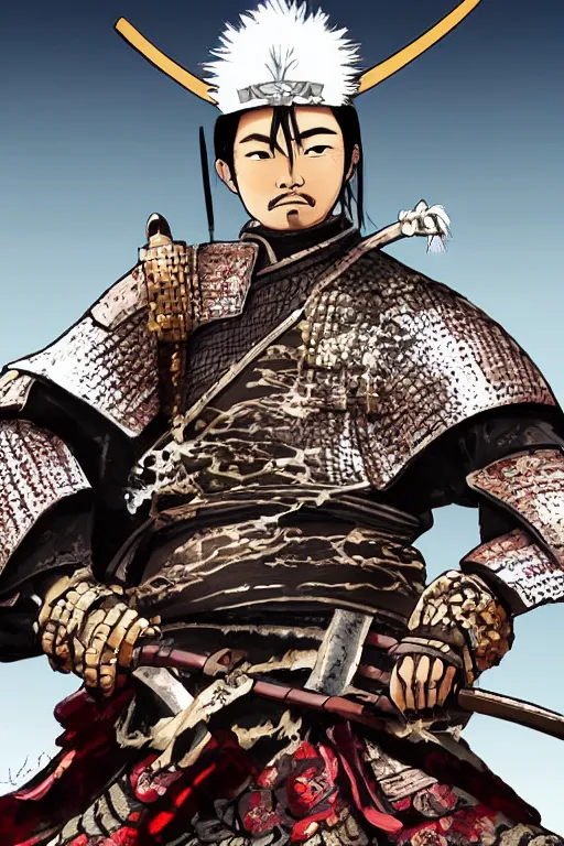 Image similar to close up of a fantasy samurai general in full armor on a battlefield during edo period, very realistic detailed anime style