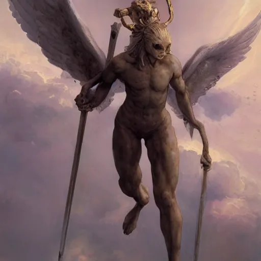 Prompt: angelic humanoid monster with wings on its back and an upside-down marble face holding a golden spear, digital art, by Fernanda Suarez and and Edgar Maxence and greg rutkowski