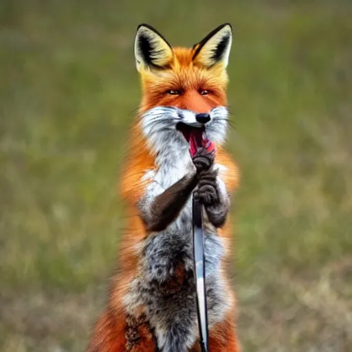 Prompt: a fox holding a knife in its jaws