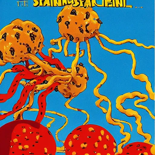 Image similar to attack of the flying spaghetti and meatballs monster, movie art poster, by gerard brom and ansel adams