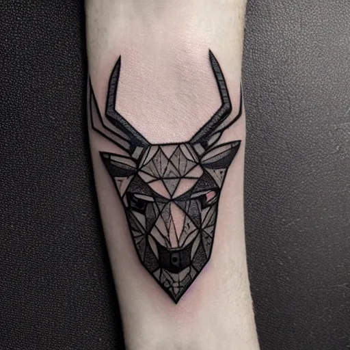 Image similar to dark geometric isometric pixel art crystaline stag head, tattoo on forearm