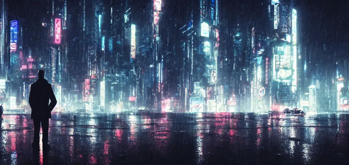 Image similar to shot of the alone man standing on the roof during rain, looks at impressive cyberpunk city at night during great storm, nightscape, futuristic architecture, realistic photo, neons, blade runner, akira style, cinematic lighting, cinematic angles