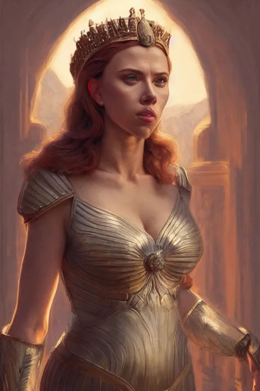 Image similar to Scarlett Johansson as the Queen of Greece, anatomy, only two hands, highly detailed, digital painting, artstation, concept art, smooth, sharp focus, illustration, Unreal Engine 5, 8K, art by art by artgerm and greg rutkowski and edgar maxence