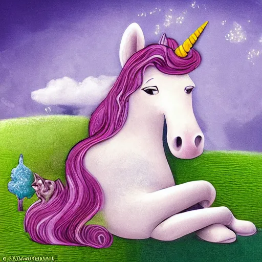 Image similar to dream : a fabulous landscape, a magical unicorn. a boy is sitting astride him. a cat is lying