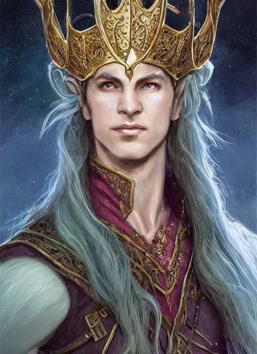 Image similar to elegant elven king wearing a crown, ultra detailed fantasy, dndbeyond, bright, colourful, realistic, dnd character portrait, full body, pathfinder, pinterest, art by ralph horsley, dnd, rpg, lotr game design fanart by concept art, behance hd, artstation, deviantart, hdr render in unreal engine 5