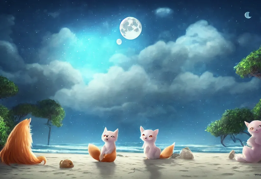 Image similar to cute magical fantasy animals at a beach looking at the moon, ultra realistic, concept art, highly detailed