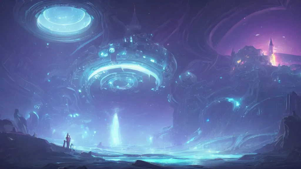 Image similar to a mysterious castle floating in space, surrounded by glowing energy rings, starry black space, by sylvain sarrailh, rossdraws, ultra detailed, fantasy artwork, 8 k, volumetric lighting, trending on artstation, award winning, beautiful scenery, very beautiful.