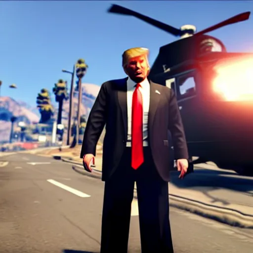 Image similar to donald trump in gta v gameplay, ps 5 screenshot, third person gameplay, five stars, 3 d render, cryengine, highly detailed