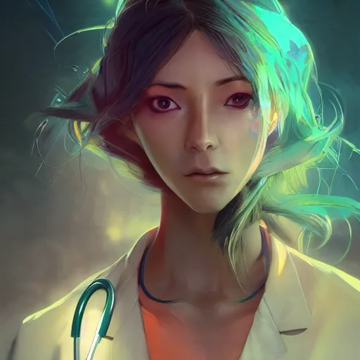 Image similar to anime female doctor character, digital illustration portrait design, by android jones and greg rutkowski, retrowave color scheme, detailed, cinematic lighting, wide angle action dynamic portrait