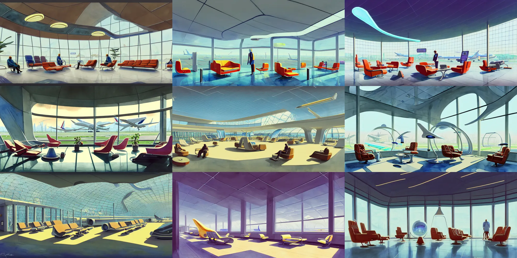 Prompt: a beautiful illustration of futuristic airport, lots of furniture, sofa, waiting room, big medium small, sacred geometry, golden ratio, in watercolor gouache detailed paintings, in style of syd mead, trending on artstation, 8 k, panel, hard surface, vent, zaha hadid, props, plant, cozy, decoration around the room, simon stalenhag, deus ex