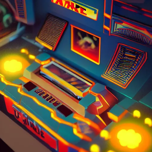 Image similar to 1990s arcade machine, octane render, unreal engine, digital art, Artstation, Trending on Artstation, Artstation HQ, Artstation HD, cgsociety, Pinterest, 8k , close up to the screen, wide angle, godrays, volumetric, reflections, cinematic, epic, coherent, 3D Render,