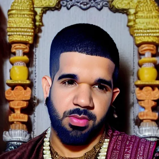 Prompt: photograph of a man in a kurta, standing in a hindu kovil, drake the rapper's face