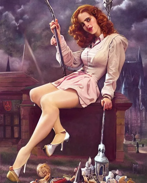 Image similar to pinup photo of hermione granger by emma watson in the crowded square of hogwarts, by gil elvgren, glossy skin, pearlescent, very coherent, very detailed