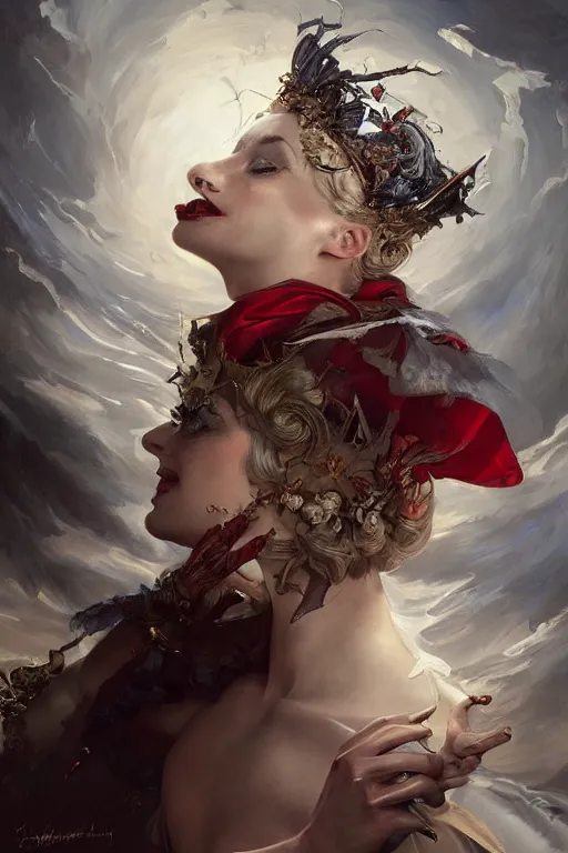 Image similar to art masterpice, comical clown faced queen elizabeth descending from the clouds, intricate, beautiful cinematic lighting, stunning painting by artgerm, caravaggio, android jones, wadim kashin