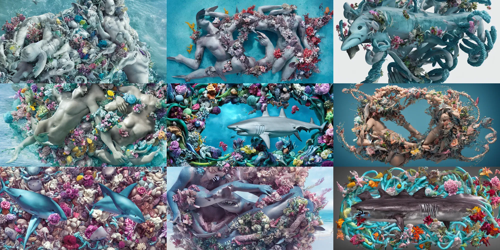 Prompt: a sculpture of ocean shark intertwined, a lovely cornucopia of flowers and human body parts, body parts, highly detailed, octane render, cinematic ， - h 7 6 8