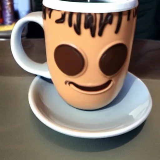 Image similar to Michael J Fox drinking coffee put a poop emoji mug