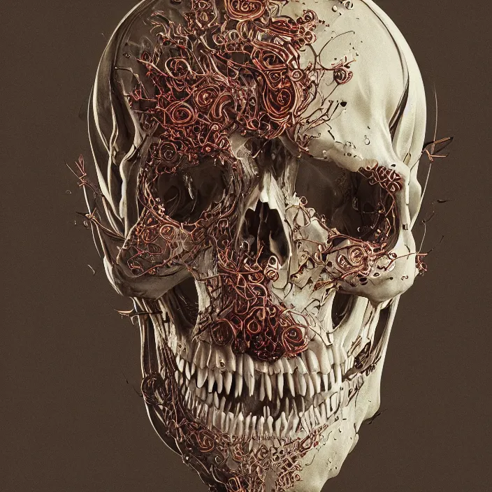 Prompt: portrait of a melting skull. razor sharp teeth. nightmare fuel. intricate abstract. intricate artwork. by Tooth Wu, wlop, beeple, dan mumford. octane render, trending on artstation, greg rutkowski very coherent symmetrical artwork. cinematic, hyper realism, high detail, octane render, 8k, iridescent accents