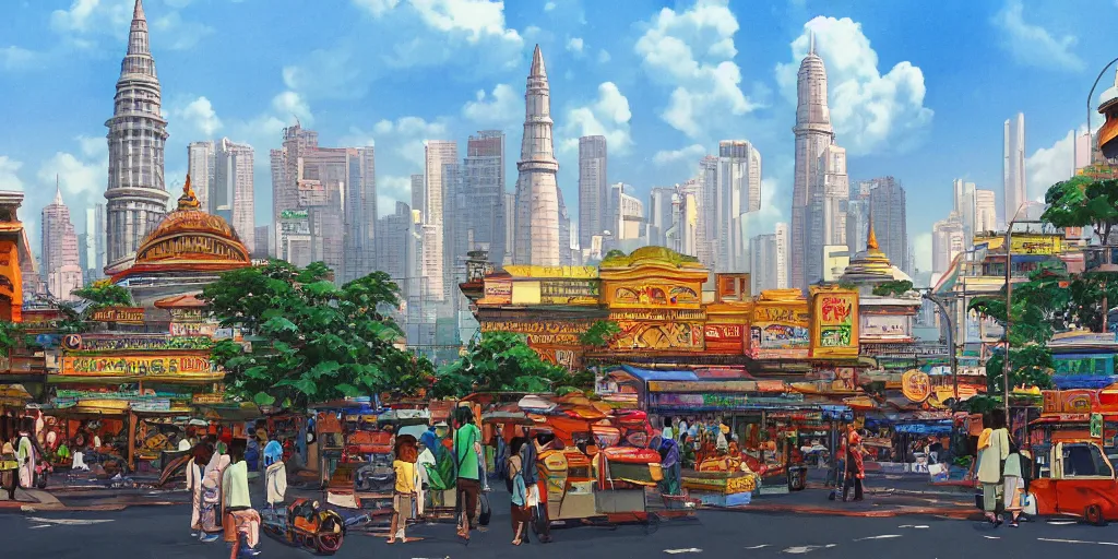 Image similar to little india sundry shop with kuala lumpur twin towers in the background, evening, highly detailed matte painting, studio ghibli, artstation