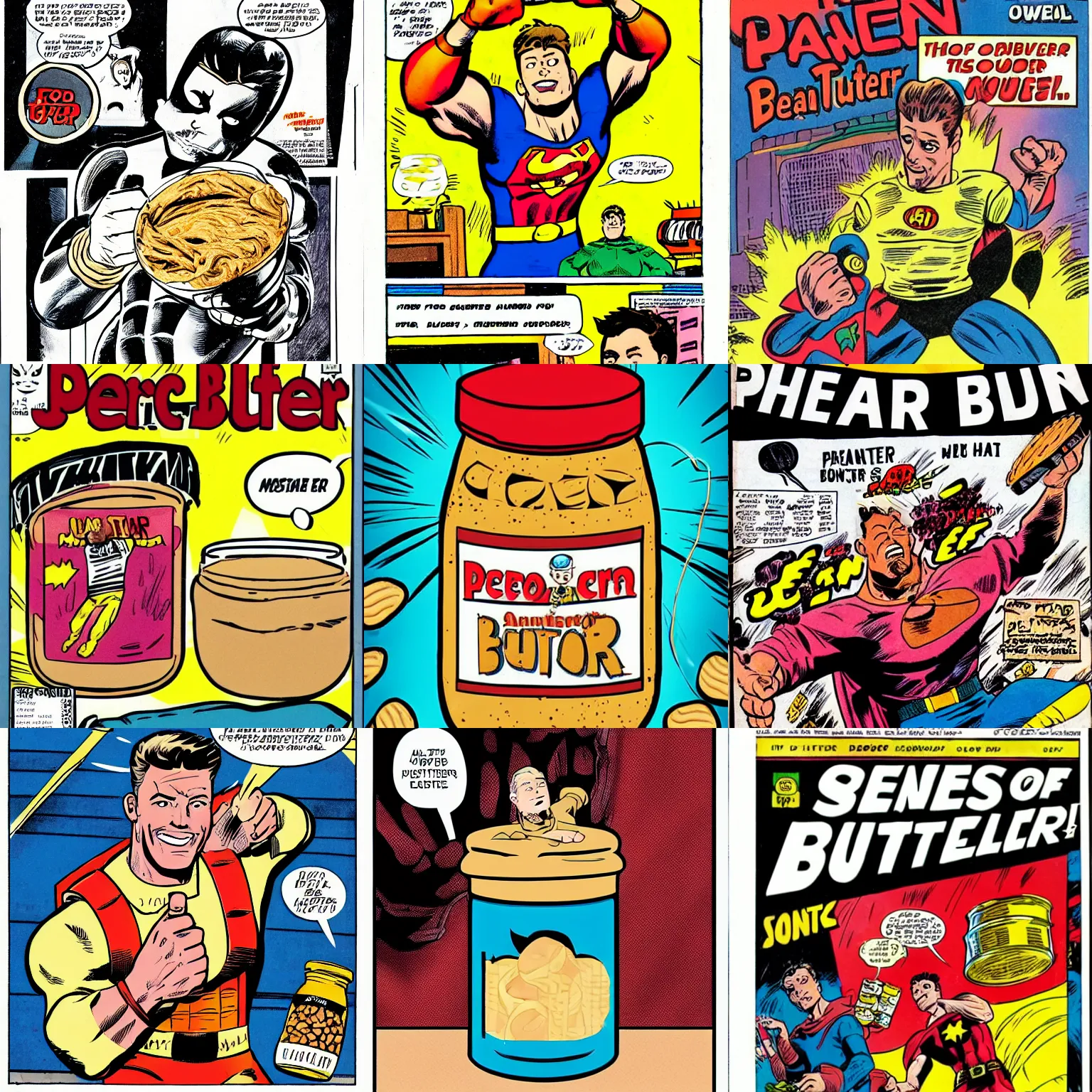 Prompt: jar of peanut butter as the hero on the front page of a comic book