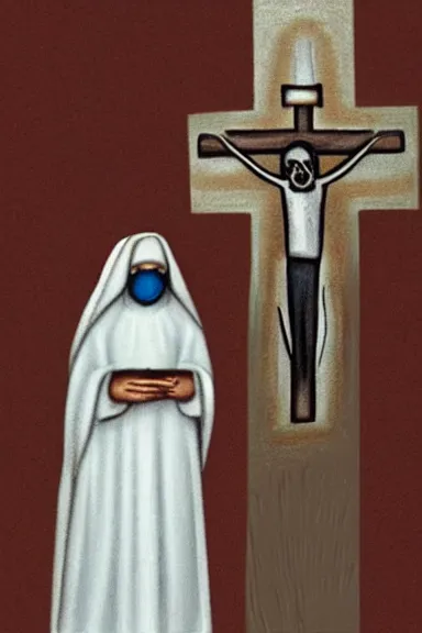 Prompt: Mad nun in a white mask, unsettling church, crucifix, art