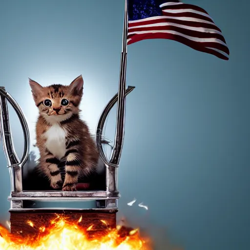 Image similar to burning kitten sitting on thrones of swords, lightning striking around, american flag in background