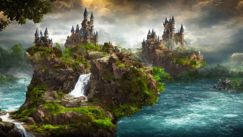 Image similar to floating castle with rivers flowing underneath, water falls, fantasy artwork, award winning, very very very very very very very beautiful scenery, hd, 4k, 8k, artstation