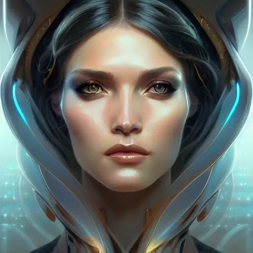 Image similar to futuristic woman portrait, sci-fi, amber eyes, face, long hair, fantasy, intricate, elegant, highly detailed, digital painting, artstation, concept art, smooth, sharp focus, illustration, art by artgerm and greg rutkowski and alphonse mucha