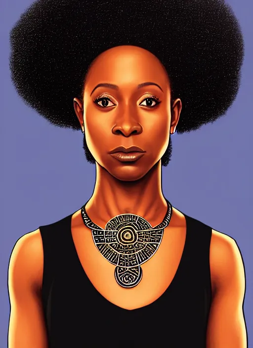Image similar to portrait of Kirby Howell-Baptiste wearing a modern black tank top with an egyptian symbol ankh necklace, art nouveau, D&D, fantasy, intricate arcane wiccan designs, elegant, highly detailed, digital painting, artstation, concept art, matte, sharp focus, illustration, art by Artgerm and Greg Rutkowski and WLOP