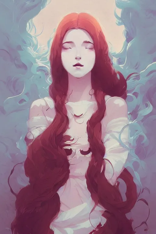 Image similar to beautiful artistic - wave highly detailed portrait female, with kitsune mask, long red hair, by atey ghailan, by greg rutkowski, by greg tocchini, by james gilleard, by joe fenton, by kaethe butcher, dynamic lighting, gradient light blue, brown, blonde cream and white color scheme, grunge aesthetic