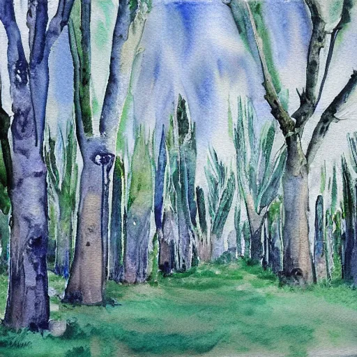 Image similar to spooky willow tree grove, watercolor