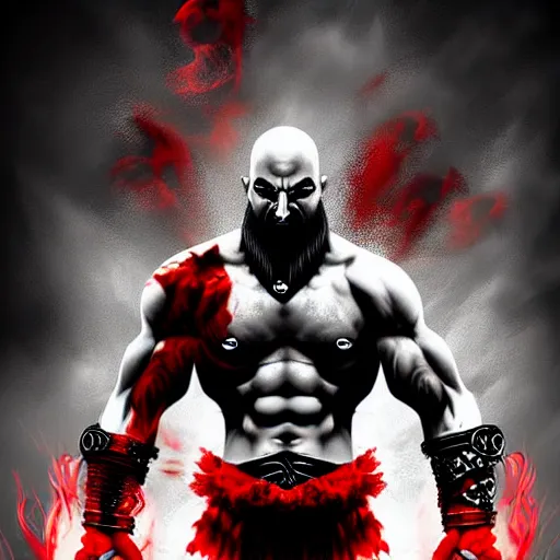 Image similar to epic chthonic ancient warrior Kratos black veins red demonic eyes, red smoke on the background by Boris Valejio, high detailed digital art