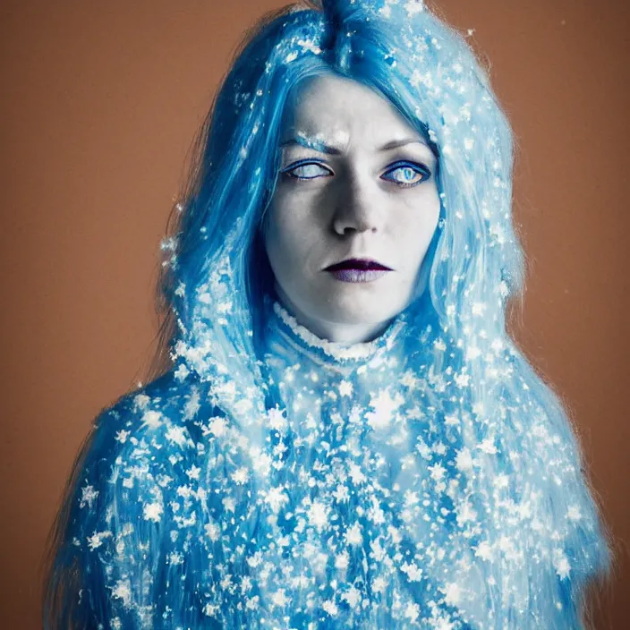 Image similar to a woman wearing a highneck dress made out of snowflakes. she is sickly looking and dying of hypothermia. very pale and blue lips. pale blue hair. full body digital portrait by maromi sagi