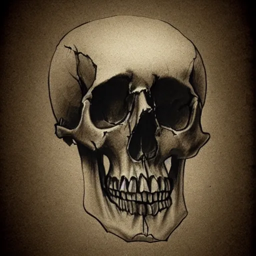 Image similar to pencil sketch of a skull on old torn paper, dramatic lighting, ultra detail, creepy, book cover