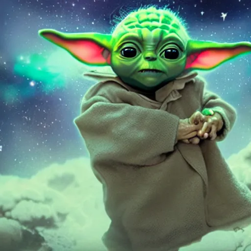 Prompt: baby yoda floating in space, stars in background, cinematic, highly detailed, realistic