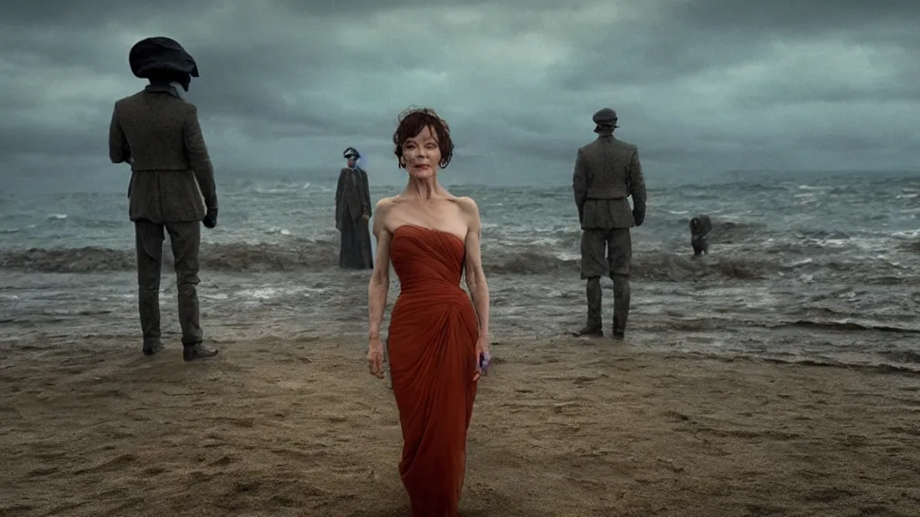 Image similar to photo of Helen McCrory coming out of the ocean, extreme detailed face, Peaky Blinders crew on the background, film still from the movie directed by Denis Villeneuve with art direction by Zdzisław Beksiński, wide lens