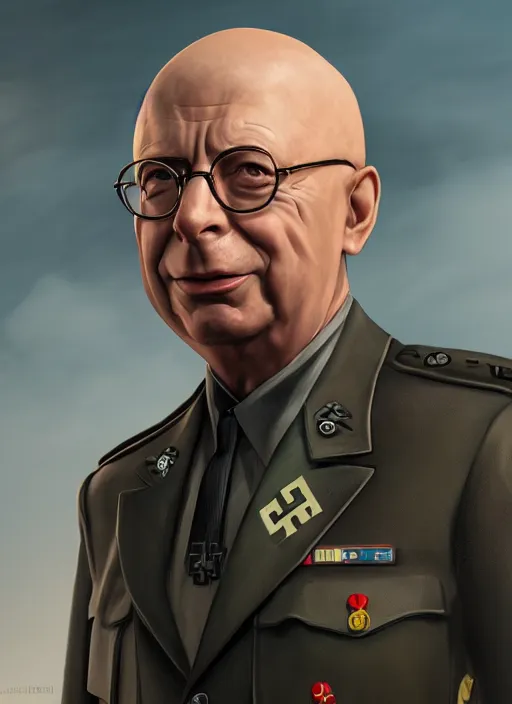 Image similar to an epic fantasy comic book style portrait painting of Klaus Schwab dressed as a Nazi, unreal 5, DAZ, hyper realistic, octane render, dynamic lighting