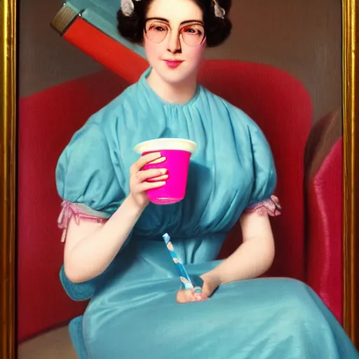 Prompt: a pretty android looking amused, wearing light blue big round rim sunglasses, drinking a pink milkshake, and listening to a phonograph, William Clarke Wontner portrait painting, 4k, detailed