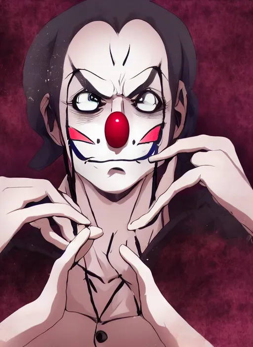 Image similar to portrait of the clown removing his makeup, anime fantasy illustration by tomoyuki yamasaki, kyoto studio, madhouse, ufotable, trending on artstation