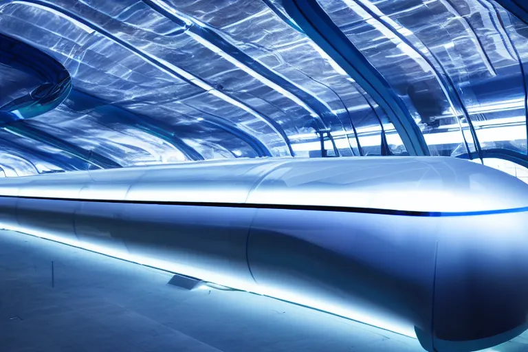 Prompt: transparent long dark blue glass hyperloop architecture concept by zaha hadid, space capsule glowing in the dark, dark moody monochrome colors,