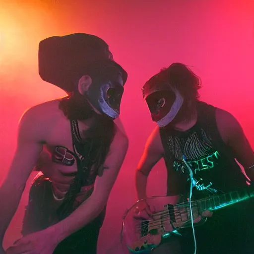 Image similar to scandy and arender, cooking it up, hot hot hot, splash, ahhhhhhh, roomies, bohemian digitals, playing a live gig at night time with masks on, colored lights, over the shoulder shot, stroboscope, heavy fog machine, no faces visible, huge crowd on drugs, ecstatic, photorealistic photography