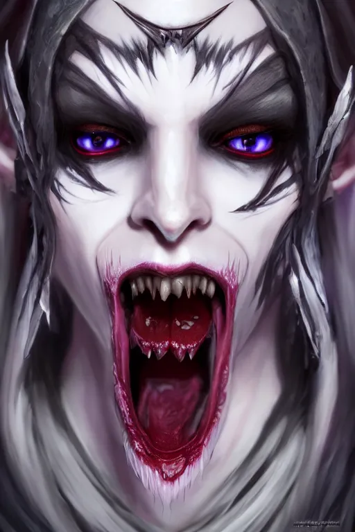 Image similar to dark elf vampire princess with fangs, highly detailed, d & d, fantasy, highly detailed, digital painting, trending on artstation, concept art, sharp focus, illustration, global illumination, ray tracing, realistic shaded, art by artgerm and greg rutkowski and fuji choko and viktoria gavrilenko and hoang lap