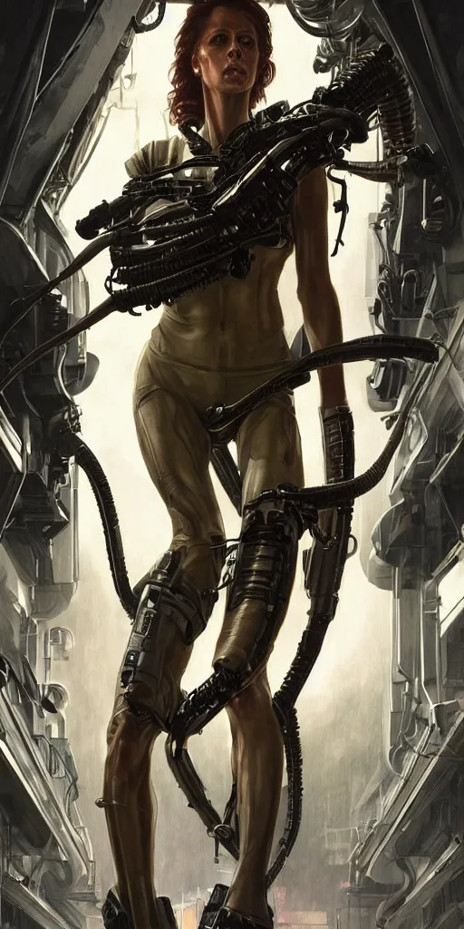 Image similar to portrait of Madison Ivy as Ellen Ripley in Alien, looking at camera, intricate, dystopian, sci-fi, extremely detailed, nostromo corridor, octane render, digital painting, concept art, smooth, sharp focus, illustration, incredible art by artgerm and greg rutkowski and alphonse mucha and simon stalenhag