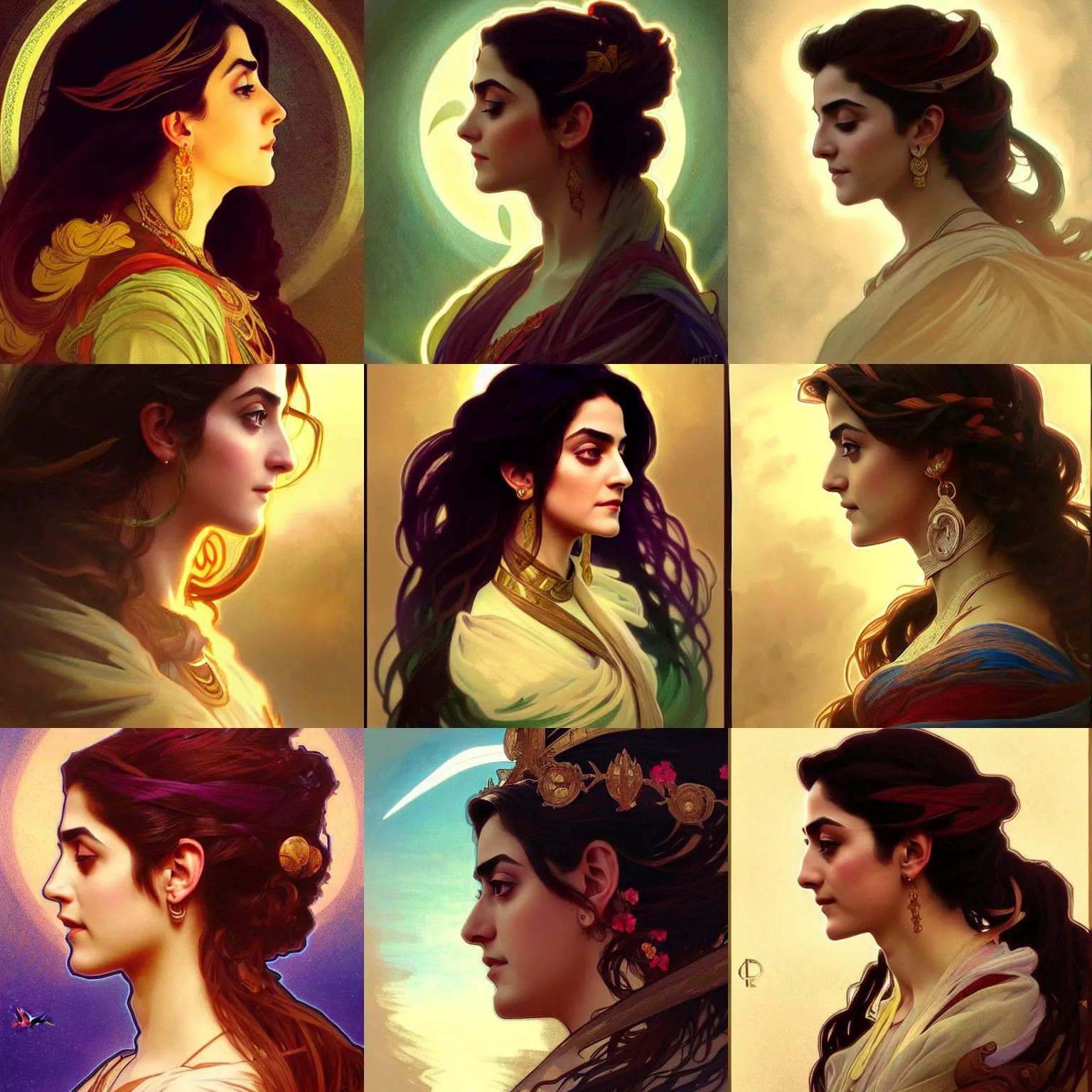 Prompt: side profile centered painted portrait, Maya Ali as a wind sorcerer, D&D, cell-shaded, matte painting concept art, bright backlit, official fanart, 4k, Pinterest, by Alphonse Mucha - H 704