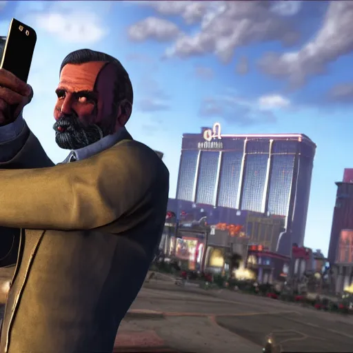 Prompt: Mr Robert House from Fallout New Vegas, taking a selfie on the Las Vegas Strip, real, intricate, 8k,